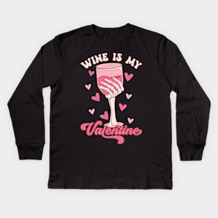 Wine is my Valentine Funny Skeleton Kids Long Sleeve T-Shirt